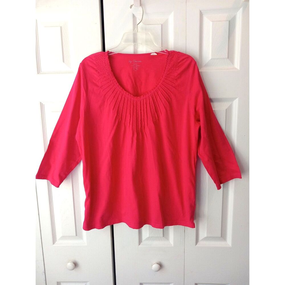 Chicos Size 3 or XL Hot Pink Cotton Knit Top 3/4 Sleeves Embellished